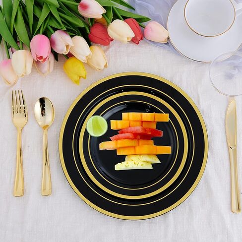 125 Count Halloween Dinner Plastic Plates Include 25 Plastic Plates 25 Disposable Dessert Plates & Gold Disposable Silverware, Plastic Dinnerware Set Providing for 25 Guests for Party, Wedding in Saudi Arabia