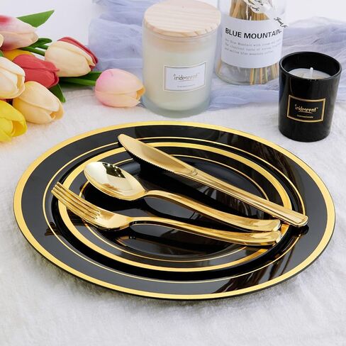 125 Count Halloween Dinner Plastic Plates Include 25 Plastic Plates 25 Disposable Dessert Plates & Gold Disposable Silverware, Plastic Dinnerware Set Providing for 25 Guests for Party, Wedding in Saudi Arabia