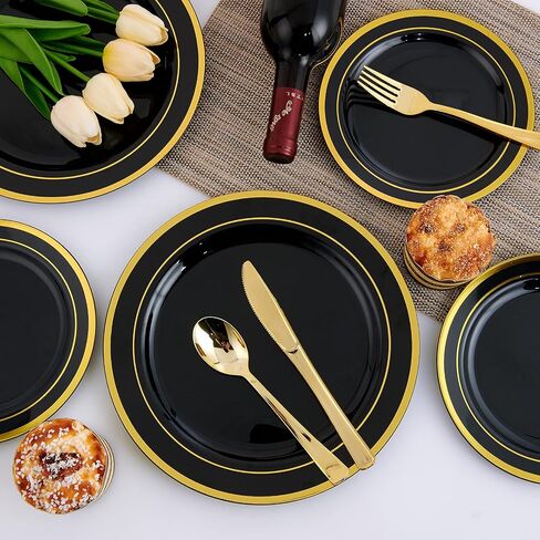 125 Count Halloween Dinner Plastic Plates Include 25 Plastic Plates 25 Disposable Dessert Plates & Gold Disposable Silverware, Plastic Dinnerware Set Providing for 25 Guests for Party, Wedding in Saudi Arabia