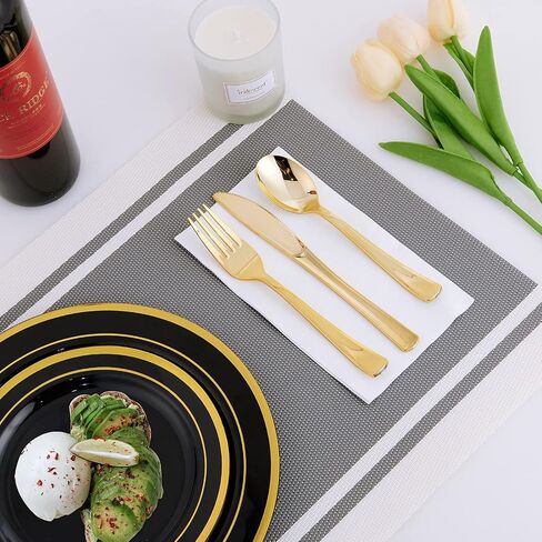 125 Count Halloween Dinner Plastic Plates Include 25 Plastic Plates 25 Disposable Dessert Plates & Gold Disposable Silverware, Plastic Dinnerware Set Providing for 25 Guests for Party, Wedding in Saudi Arabia