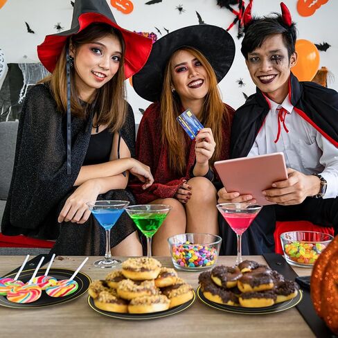 125 Count Halloween Dinner Plastic Plates Include 25 Plastic Plates 25 Disposable Dessert Plates & Gold Disposable Silverware, Plastic Dinnerware Set Providing for 25 Guests for Party, Wedding in Saudi Arabia