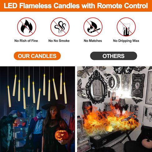 12 حزمة من الشموع العائمة لتزيين الهالوين مع عصا، شموع مستدقة عديمة اللهب وامضة خفيفة دافئة، أضواء شموع معلقة على شكل ساحرة لهاري بوتر، ديكور عيد الميلاد، هدية عيد ميلاد للحفلات in Kuwait