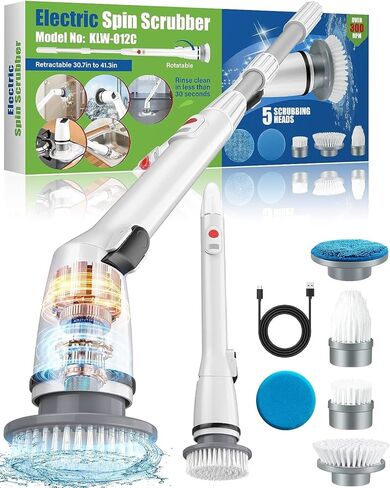 جهاز تنظيف كهربائي دوار مع 5 رؤوس فرشاة تنظيف قابلة للاستبدال، جهاز تنظيف لاسلكي بزاوية 360 درجة للحمام والحوض والبلاط والأرضيات والسيارة - ذراع تمديد قابل للتعديل للمناطق التي يصعب الوصول إليها in Kuwait