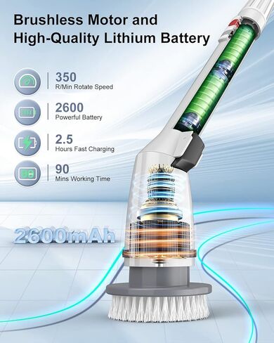 جهاز تنظيف كهربائي دوار مع 5 رؤوس فرشاة تنظيف قابلة للاستبدال، جهاز تنظيف لاسلكي بزاوية 360 درجة للحمام والحوض والبلاط والأرضيات والسيارة - ذراع تمديد قابل للتعديل للمناطق التي يصعب الوصول إليها in Kuwait