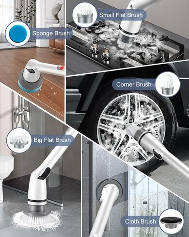 جهاز تنظيف كهربائي دوار مع 5 رؤوس فرشاة تنظيف قابلة للاستبدال، جهاز تنظيف لاسلكي بزاوية 360 درجة للحمام والحوض والبلاط والأرضيات والسيارة - ذراع تمديد قابل للتعديل للمناطق التي يصعب الوصول إليها in Kuwait