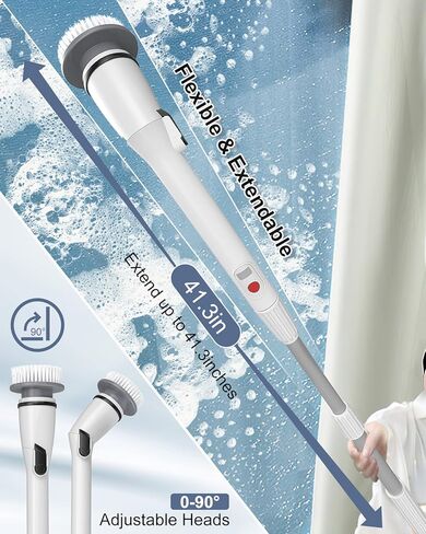 جهاز تنظيف كهربائي دوار مع 5 رؤوس فرشاة تنظيف قابلة للاستبدال، جهاز تنظيف لاسلكي بزاوية 360 درجة للحمام والحوض والبلاط والأرضيات والسيارة - ذراع تمديد قابل للتعديل للمناطق التي يصعب الوصول إليها in Kuwait