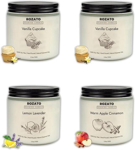 ROZATO Set of 4 Scented Jar Candles, Aromatherapy Candles Clearance for Home Scented, Long-Lasting 100% Soy Wax Candle Gifts for Women Her Mom Housewarming, Lavender Vanilla Apple Cinnamon Scents in Saudi Arabia