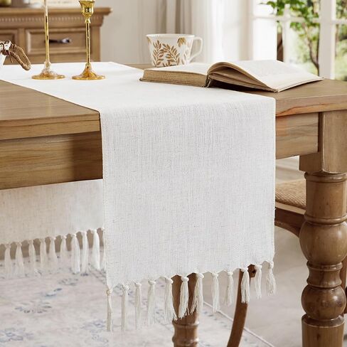 Linen Style Rustic Table Runner, Farmhouse Cotton Linen Table Runner, Boho Table Runners 72 Inches Long with Hand Tassels for Home Tabletop Decor and Everyday Use - Off White, 72 Inch in Saudi Arabia