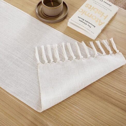 Linen Style Rustic Table Runner, Farmhouse Cotton Linen Table Runner, Boho Table Runners 72 Inches Long with Hand Tassels for Home Tabletop Decor and Everyday Use - Off White, 72 Inch in Saudi Arabia