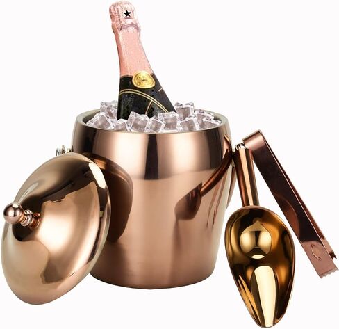 Ice Buket, Double Wall Insulated Ice Bucket with Ice Tongs,Scoop,Lid, Stainless Steel Ice Bucket for Cocktail Bar Parties Home,Upgraded Thickened that No Need Strainer,Freezing for 6h,2L,Rose Gold in Saudi Arabia