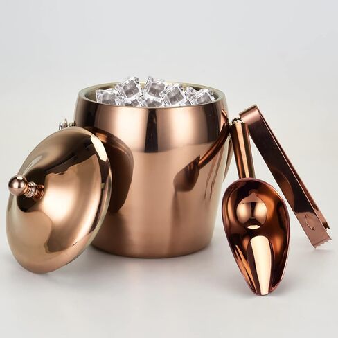Ice Buket, Double Wall Insulated Ice Bucket with Ice Tongs,Scoop,Lid, Stainless Steel Ice Bucket for Cocktail Bar Parties Home,Upgraded Thickened that No Need Strainer,Freezing for 6h,2L,Rose Gold in Saudi Arabia