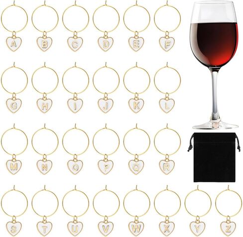 SANNIX دلايات زجاجية للنبيذ 26 قطعة حروف معدنية حلية زجاجية علامات حروف خرز علامات لتزيين حفلات تذوق النبيذ in Kuwait