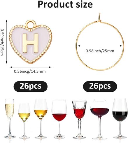 SANNIX دلايات زجاجية للنبيذ 26 قطعة حروف معدنية حلية زجاجية علامات حروف خرز علامات لتزيين حفلات تذوق النبيذ in Kuwait