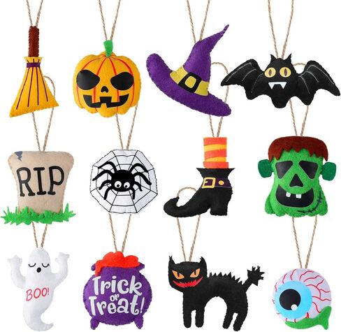 12 Pieces Halloween Tree Ornaments 3D Felt Hanging Christmas Felt Applique Decorations Pumpkin Black Cat Ghost Eyes Witch Hat Spider Bat Handmade Felt Decoration for Halloween Party Decor Supplies in Saudi Arabia