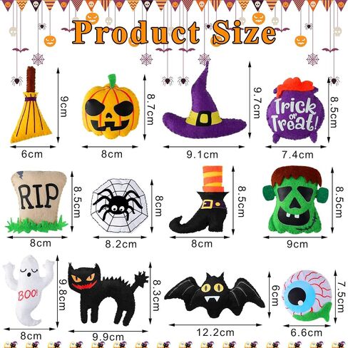 12 Pieces Halloween Tree Ornaments 3D Felt Hanging Christmas Felt Applique Decorations Pumpkin Black Cat Ghost Eyes Witch Hat Spider Bat Handmade Felt Decoration for Halloween Party Decor Supplies in Saudi Arabia