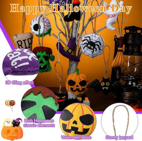 12 Pieces Halloween Tree Ornaments 3D Felt Hanging Christmas Felt Applique Decorations Pumpkin Black Cat Ghost Eyes Witch Hat Spider Bat Handmade Felt Decoration for Halloween Party Decor Supplies in Saudi Arabia