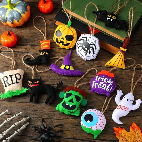 12 Pieces Halloween Tree Ornaments 3D Felt Hanging Christmas Felt Applique Decorations Pumpkin Black Cat Ghost Eyes Witch Hat Spider Bat Handmade Felt Decoration for Halloween Party Decor Supplies in Saudi Arabia