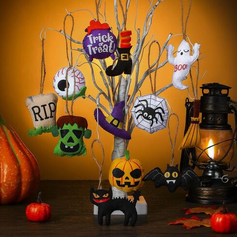 12 Pieces Halloween Tree Ornaments 3D Felt Hanging Christmas Felt Applique Decorations Pumpkin Black Cat Ghost Eyes Witch Hat Spider Bat Handmade Felt Decoration for Halloween Party Decor Supplies in Saudi Arabia