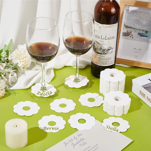 FINGERINSPIRE 150 Pcs Paper Wine Glass Markers 2.8" Blank Flower Stemware Drink Name Tags BurlyWood/White Color Disposable Wine Tag Drink Charm DIY Identification Marker for Wine Glass Champagne in Saudi Arabia
