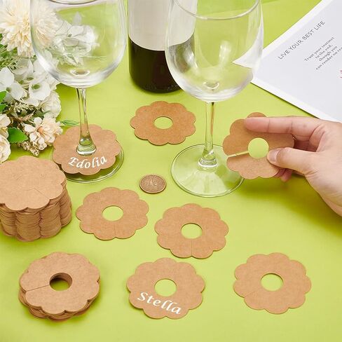 FINGERINSPIRE 150 Pcs Paper Wine Glass Markers 2.8" Blank Flower Stemware Drink Name Tags BurlyWood/White Color Disposable Wine Tag Drink Charm DIY Identification Marker for Wine Glass Champagne in Saudi Arabia