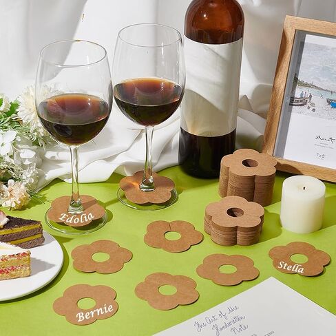 FINGERINSPIRE 150 Pcs Paper Wine Glass Markers 2.8" Blank Flower Stemware Drink Name Tags BurlyWood/White Color Disposable Wine Tag Drink Charm DIY Identification Marker for Wine Glass Champagne in Saudi Arabia