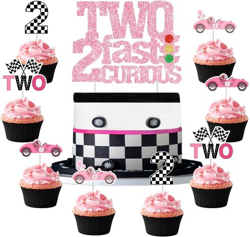 Two Fast Two Curious Birthday Decorations, 25Pcs Race Car Cake Topper Cupcake Toppers Pink for Girl 2nd Birthday Let’s Go Racing Party Supplies in Saudi Arabia