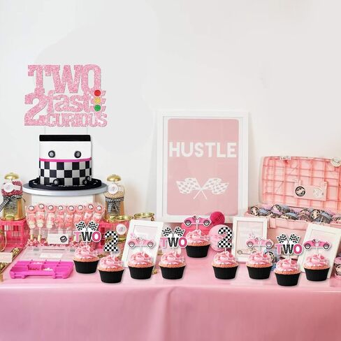 Two Fast Two Curious Birthday Decorations, 25Pcs Race Car Cake Topper Cupcake Toppers Pink for Girl 2nd Birthday Let’s Go Racing Party Supplies in Saudi Arabia