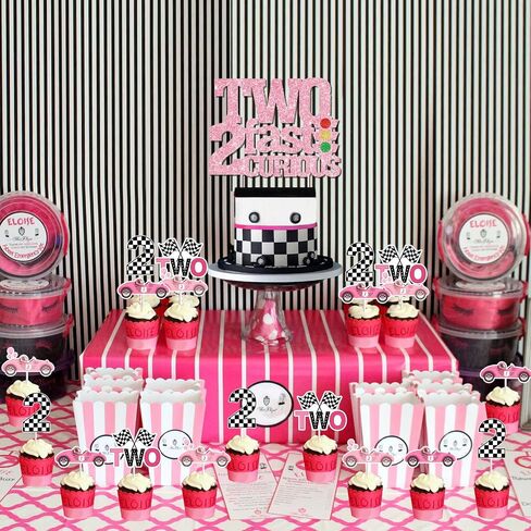 Two Fast Two Curious Birthday Decorations, 25Pcs Race Car Cake Topper Cupcake Toppers Pink for Girl 2nd Birthday Let’s Go Racing Party Supplies in Saudi Arabia