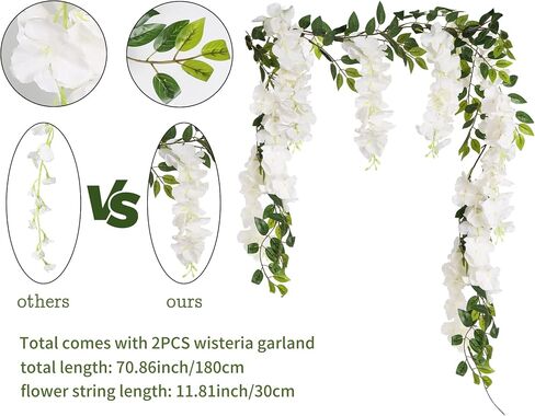 Wisteria Garland Artificial Flowers 2PCS 5.91FT/Peice Fake Wisteria Vines White Artificial Wisteria Rattan Silk Hanging Flowers for Wedding Arch Decorations Ceremony Garden Floral Decor in Saudi Arabia