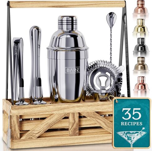 BARE BARREL® Mixology Bartender Kit Bar Set | Martini Cocktail Shaker Set | Barware Mixing Tools for Home Bartending | Farmhouse Rustic Portable Caddy & 35 Recipe Cards | Gift Set (Aged Copper) in Saudi Arabia