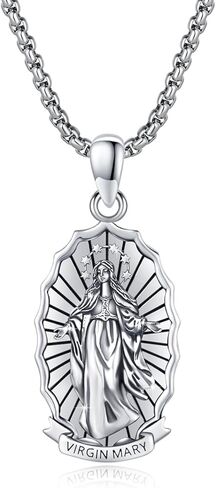 925 Sterling Silver Santa Muerte/St Benedict/Virgin Mary/Saint Jesus/Saint Joseph Miraculous Medal Necklace for Men in Kuwait