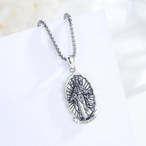 925 Sterling Silver Santa Muerte/St Benedict/Virgin Mary/Saint Jesus/Saint Joseph Miraculous Medal Necklace for Men in Kuwait