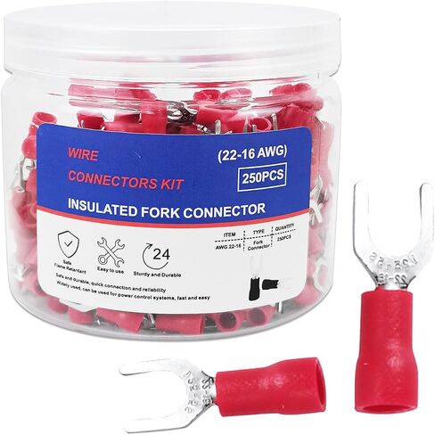 250PCS Insulated Fork Spade Wire Connectors, Tinned Red Copper Red U-Type Wire Connector Electrical Crimp Terminal, 6 Stud Size 22-16AWG (#6 Red 22-16 Gauge) in Saudi Arabia