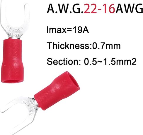 250PCS Insulated Fork Spade Wire Connectors, Tinned Red Copper Red U-Type Wire Connector Electrical Crimp Terminal, 6 Stud Size 22-16AWG (#6 Red 22-16 Gauge) in Saudi Arabia