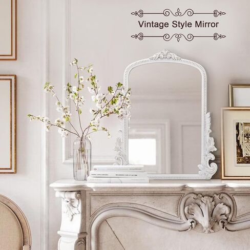 مرآة عتيقة للجدار، مرآة باروكية تقليدية مزخرفة مقوسة، مرآة أريندال خشبية معلقة لتزيين غرفة النوم وغرفة المعيشة ومدخل الحمام وديكور الموقد, 20"x16" أبيض in Kuwait