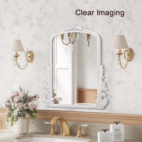 مرآة عتيقة للجدار، مرآة باروكية تقليدية مزخرفة مقوسة، مرآة أريندال خشبية معلقة لتزيين غرفة النوم وغرفة المعيشة ومدخل الحمام وديكور الموقد, 20"x16" أبيض in Kuwait