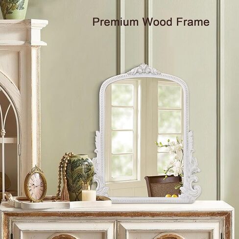 مرآة عتيقة للجدار، مرآة باروكية تقليدية مزخرفة مقوسة، مرآة أريندال خشبية معلقة لتزيين غرفة النوم وغرفة المعيشة ومدخل الحمام وديكور الموقد, 20"x16" أبيض in Kuwait