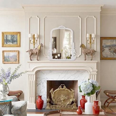 مرآة عتيقة للجدار، مرآة باروكية تقليدية مزخرفة مقوسة، مرآة أريندال خشبية معلقة لتزيين غرفة النوم وغرفة المعيشة ومدخل الحمام وديكور الموقد, 20"x16" أبيض in Kuwait