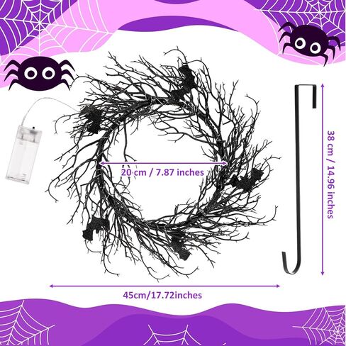 Black Bat Halloween Wreath with Hook LED Purple Lights 18 Inch Halloween Wreath with Lights Halloween Door Wreath for Front Door Halloween Decoration Indoor Outdoor Home Party Props in Kuwait