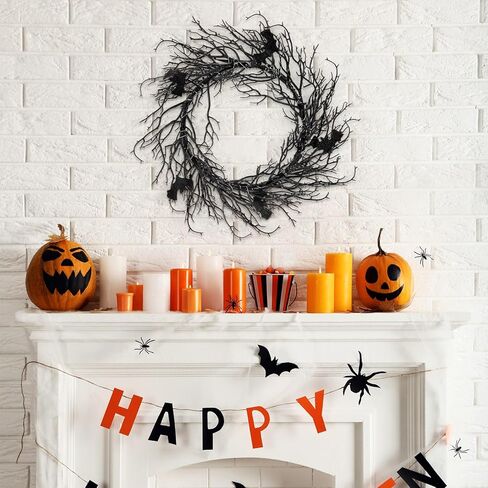 Black Bat Halloween Wreath with Hook LED Purple Lights 18 Inch Halloween Wreath with Lights Halloween Door Wreath for Front Door Halloween Decoration Indoor Outdoor Home Party Props in Kuwait