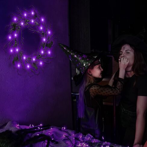 Black Bat Halloween Wreath with Hook LED Purple Lights 18 Inch Halloween Wreath with Lights Halloween Door Wreath for Front Door Halloween Decoration Indoor Outdoor Home Party Props in Kuwait