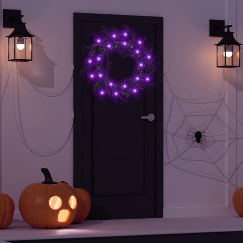 Black Bat Halloween Wreath with Hook LED Purple Lights 18 Inch Halloween Wreath with Lights Halloween Door Wreath for Front Door Halloween Decoration Indoor Outdoor Home Party Props in Kuwait