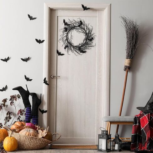 Black Bat Halloween Wreath with Hook LED Purple Lights 18 Inch Halloween Wreath with Lights Halloween Door Wreath for Front Door Halloween Decoration Indoor Outdoor Home Party Props in Kuwait