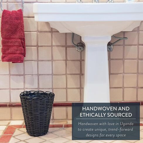 سلة مهملات مستديرة منسوجة من KAZI Essentials - سلة مهملات من الخيزران الطبيعي، صديقة للبيئة مصنوعة يدويًا على يد حرفيين أفارقة (دائرية، بني) in Kuwait