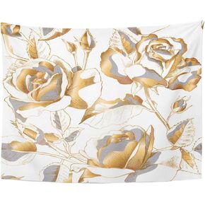نسيج إمفينسي زهور سوداء مع زهور وردية ذهبية وأوراق وبراعم ورق ذهبي أبيض لديكور المنزل معلق على الحائط لغرفة المعيشة وغرفة النوم مقاس 60 × 80 بوصة in Kuwait