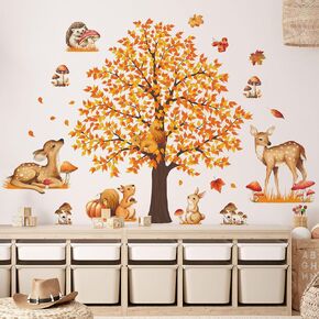 Fall Thanksgiving Wall Stickers Decor Fall Large Maple Tree Wall Decals Autumn Cute Animals Wall Art Stickers for Home Living Room Classroom Autumn Thanksgiving Party Decoration