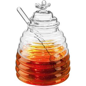 Hedume Honey Jar with Dipper and Lid, Honey Bee Pot, 17oz Glass Beehive Honey Pot for Home Kitchen