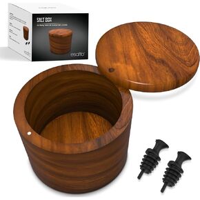 Esatto Round Acacia Wooden Salt Box, Magnetic Swivel Lid, Salt pepper or Spice Storage Box, 2 Wine Pourers Included