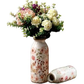 Small Rustic Ceramic Vintage Vase for Flowers, Farmhouse Decorative Vase Home Decor, Terra Cotta Pottery Pink Vase for Grass & Dried Flowers Table Living Room Shelf Decor 7.8 Inch