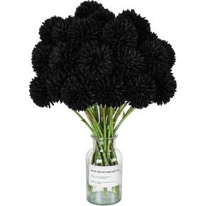 Xunyee 30 Pcs Halloween Artificial Black Flowers with Stems 2.76'' Large Black Faux Flowers Plants Faux Silk Chrysanthemum Ball Hydrangea Arrangements for Wedding Bouquet Floral Centerpiece Decoration